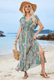 Green Printed Puff Sleeves A Line Long Summer Dress with Slit