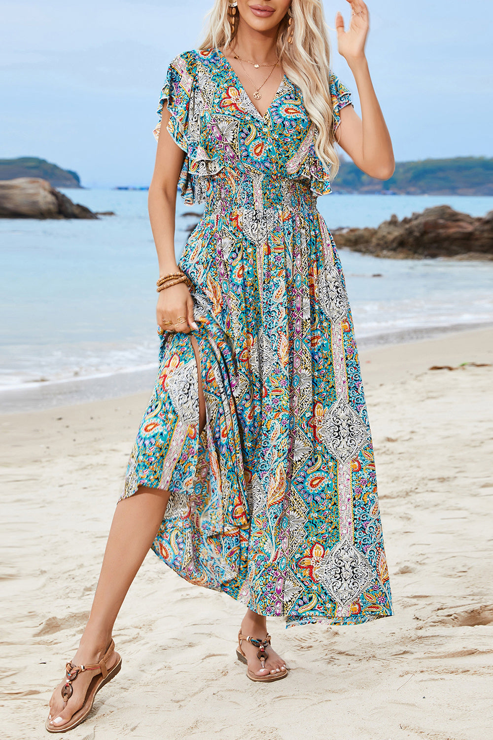 Green Printed Puff Sleeves A Line Long Summer Dress with Slit