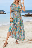 Green Printed Puff Sleeves A Line Long Summer Dress with Slit