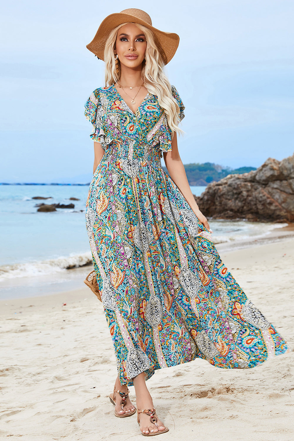 Green Printed Puff Sleeves A Line Long Summer Dress with Slit