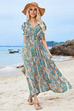 Green Printed Puff Sleeves A Line Long Summer Dress with Slit