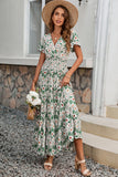 Green Floral A Line Long Summer Dress with Short Sleeves