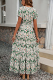 Green Floral A Line Long Summer Dress with Short Sleeves