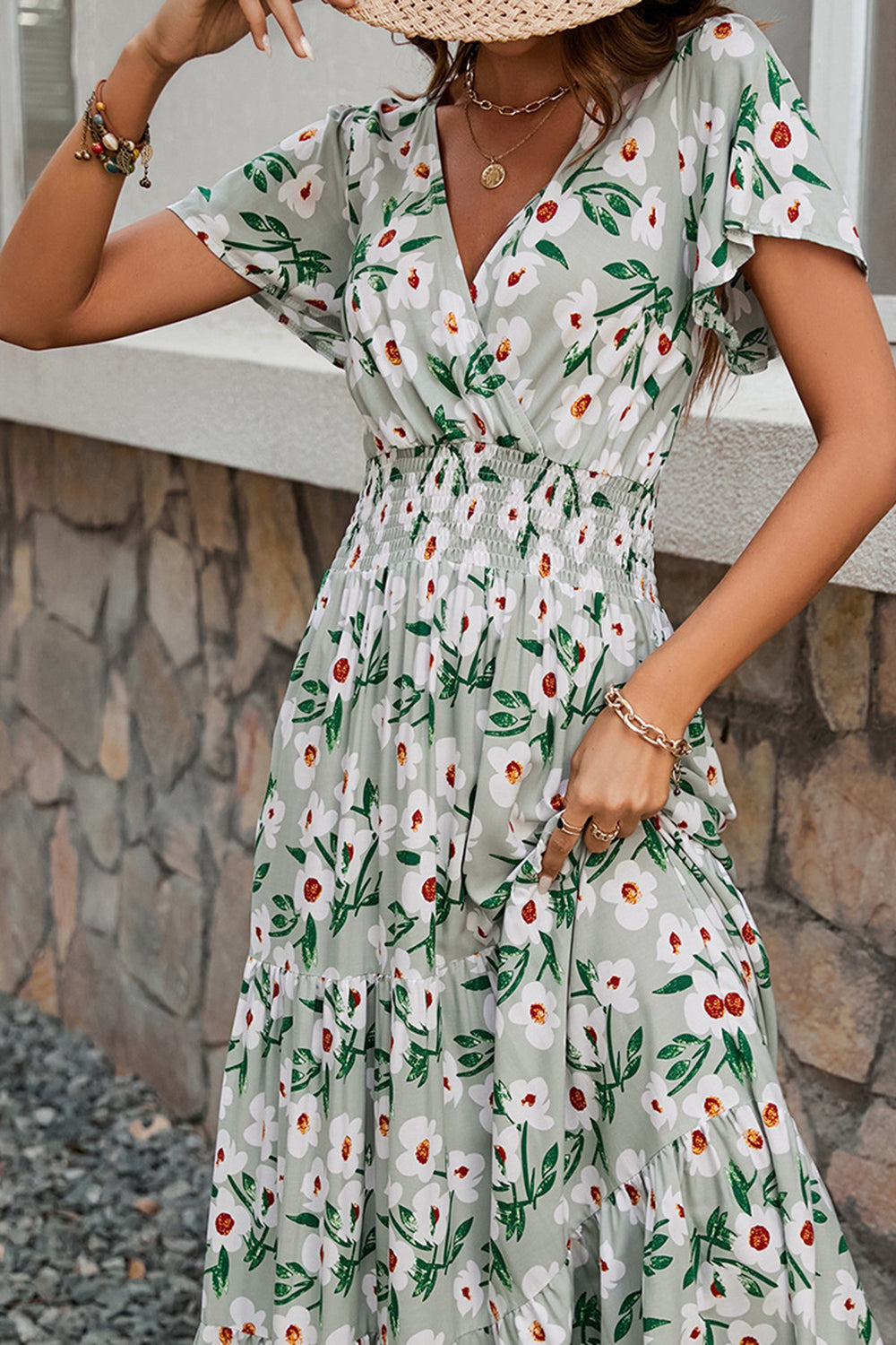 Green Floral A Line Long Summer Dress with Short Sleeves