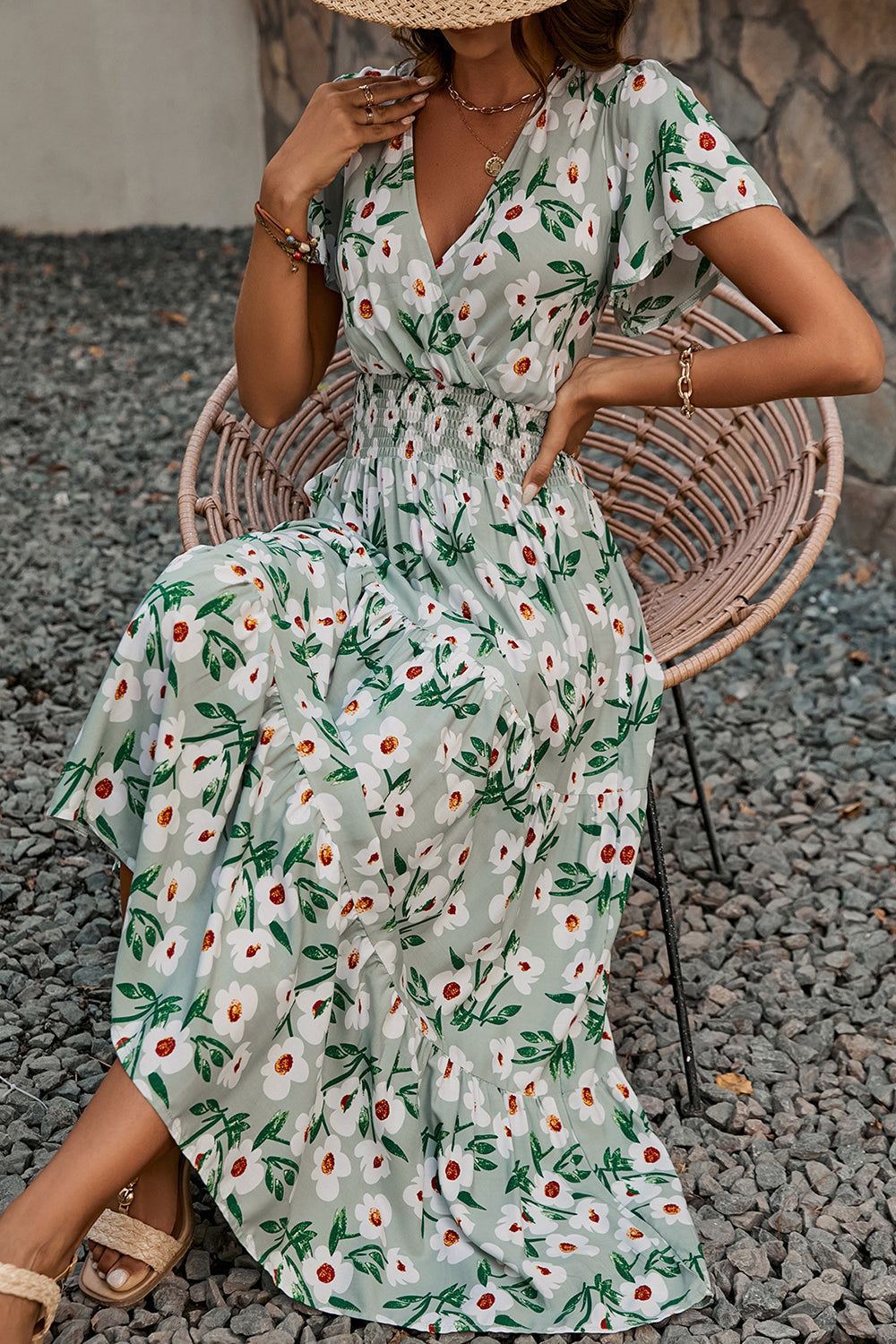 Green Floral A Line Long Summer Dress with Short Sleeves