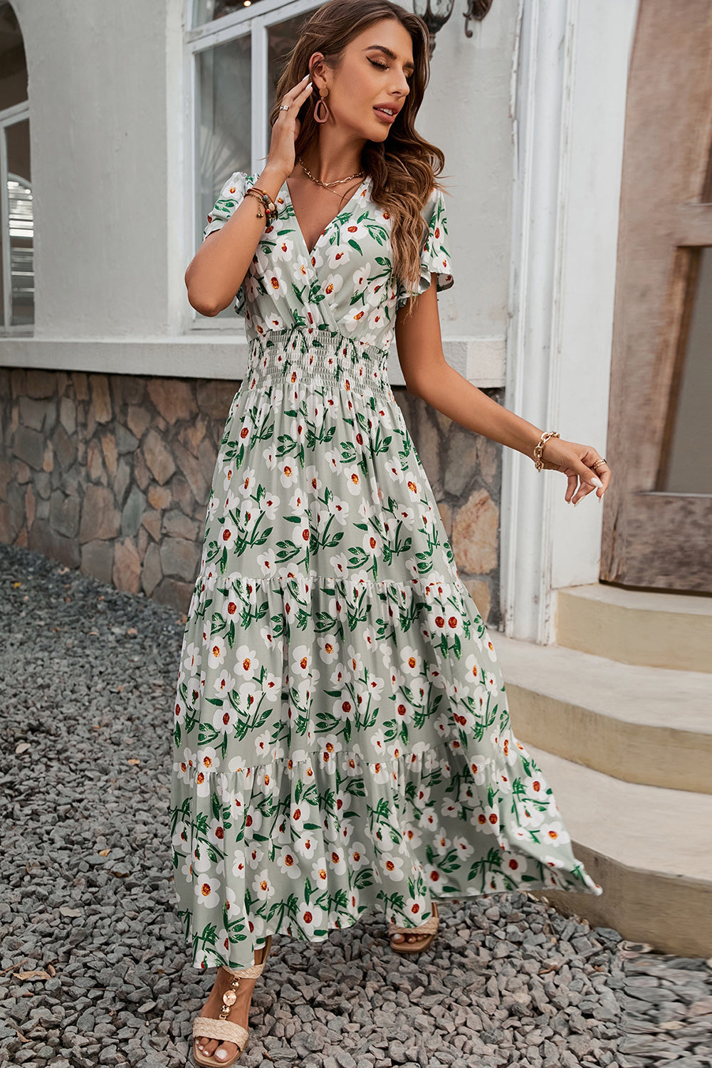 Green Floral A Line Long Summer Dress with Short Sleeves