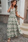 Green Floral A Line Long Summer Dress with Short Sleeves