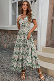 Green Floral A Line Long Summer Dress with Short Sleeves