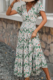 Green Floral A Line Long Summer Dress with Short Sleeves