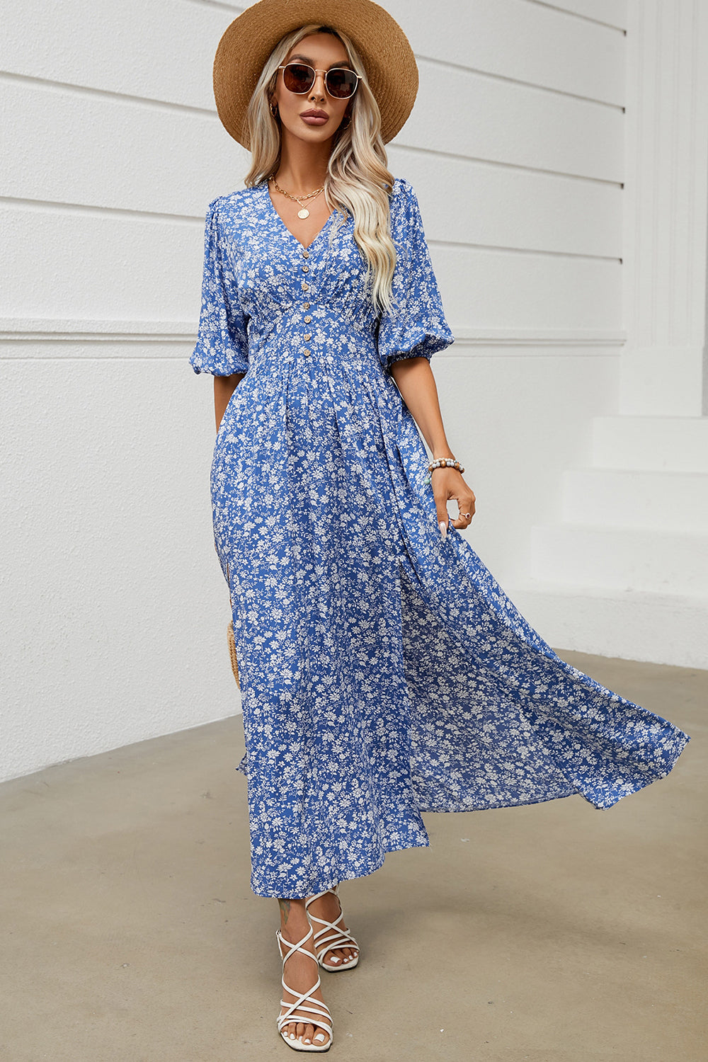 Blue Floral V Neck Half Sleeves Long Summer Dress with Slit