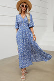 Blue Floral V Neck Half Sleeves Long Summer Dress with Slit