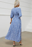 Blue Floral V Neck Half Sleeves Long Summer Dress with Slit
