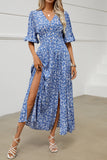 Blue Floral V Neck Half Sleeves Long Summer Dress with Slit