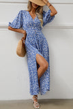Blue Floral V Neck Half Sleeves Long Summer Dress with Slit