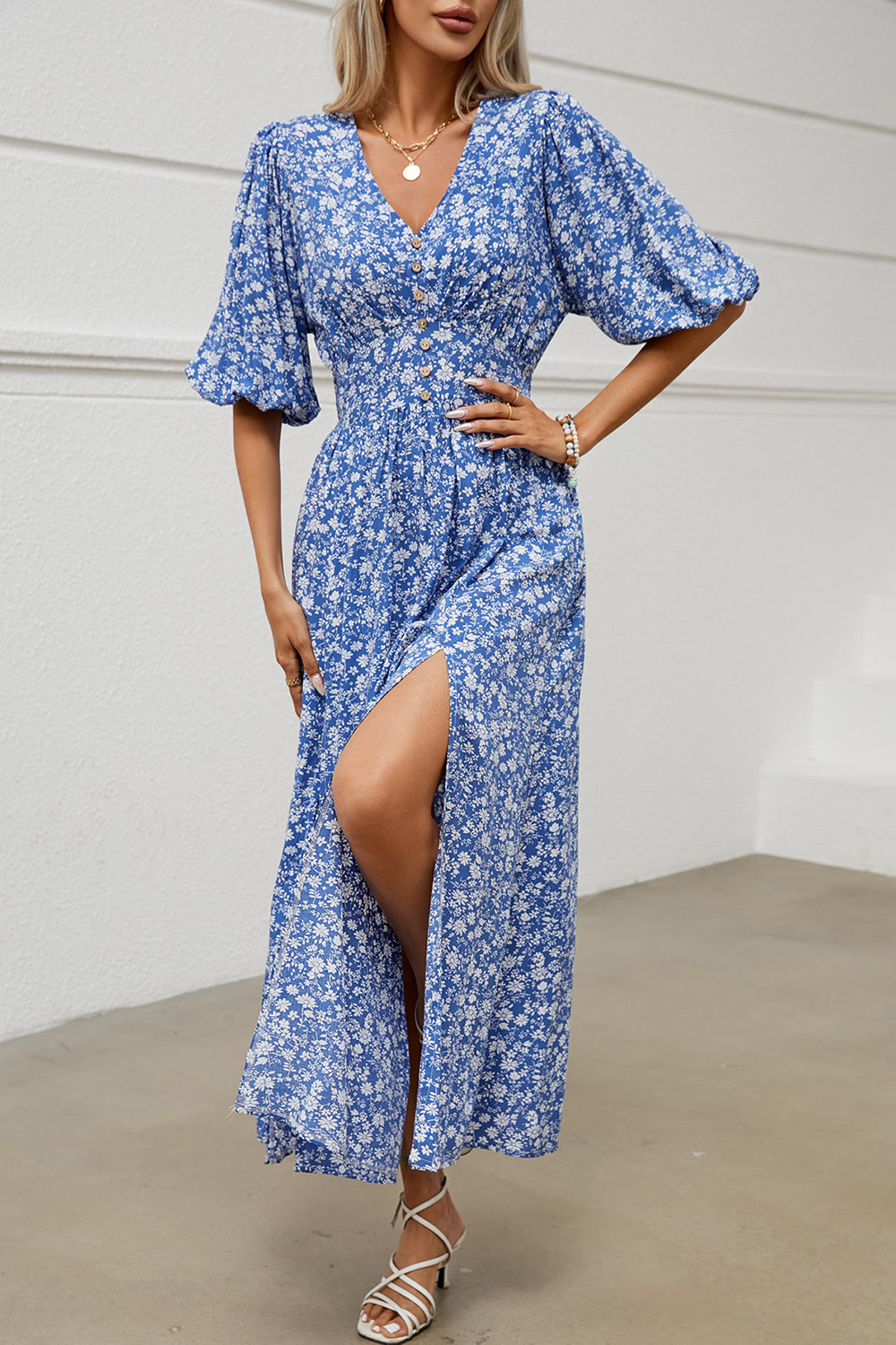 Blue Floral V Neck Half Sleeves Long Summer Dress with Slit