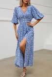 Blue Floral V Neck Half Sleeves Long Summer Dress with Slit