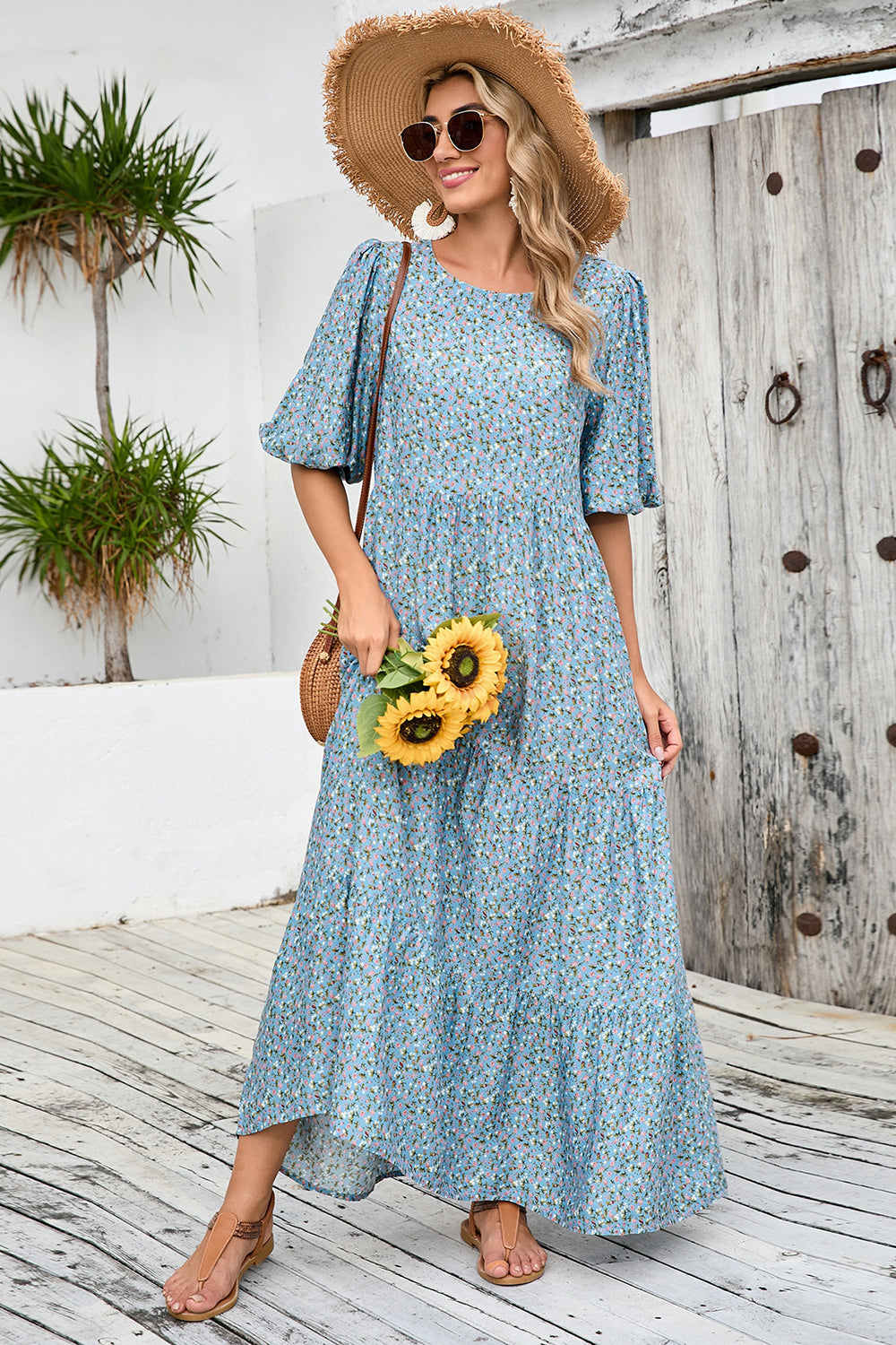 Grey Blue Floral A Line Long Summer Dress with Half Sleeves