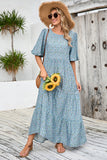 Grey Blue Floral A Line Long Summer Dress with Half Sleeves