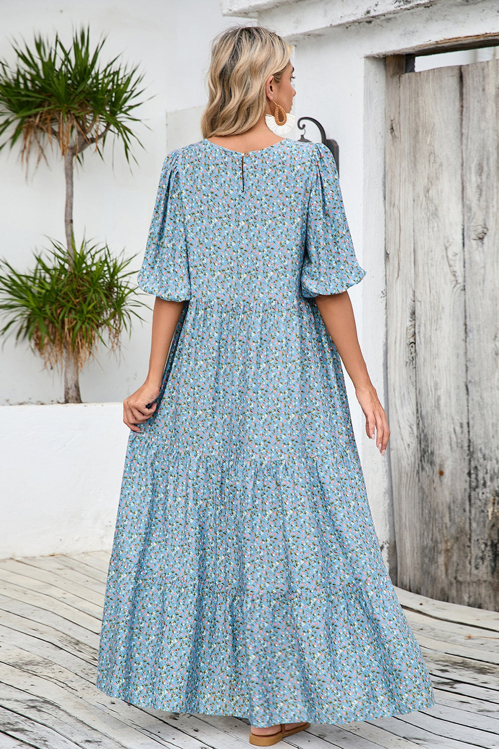 Grey Blue Floral A Line Long Summer Dress with Half Sleeves