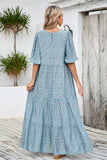 Grey Blue Floral A Line Long Summer Dress with Half Sleeves