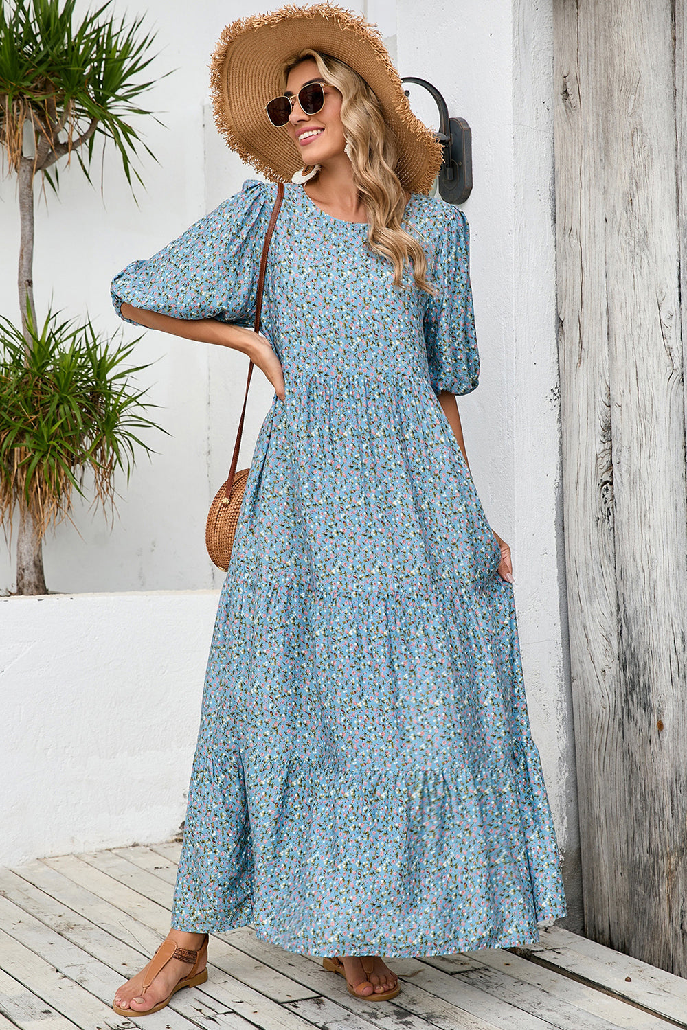 Grey Blue Floral A Line Long Summer Dress with Half Sleeves