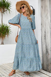 Grey Blue Floral A Line Long Summer Dress with Half Sleeves