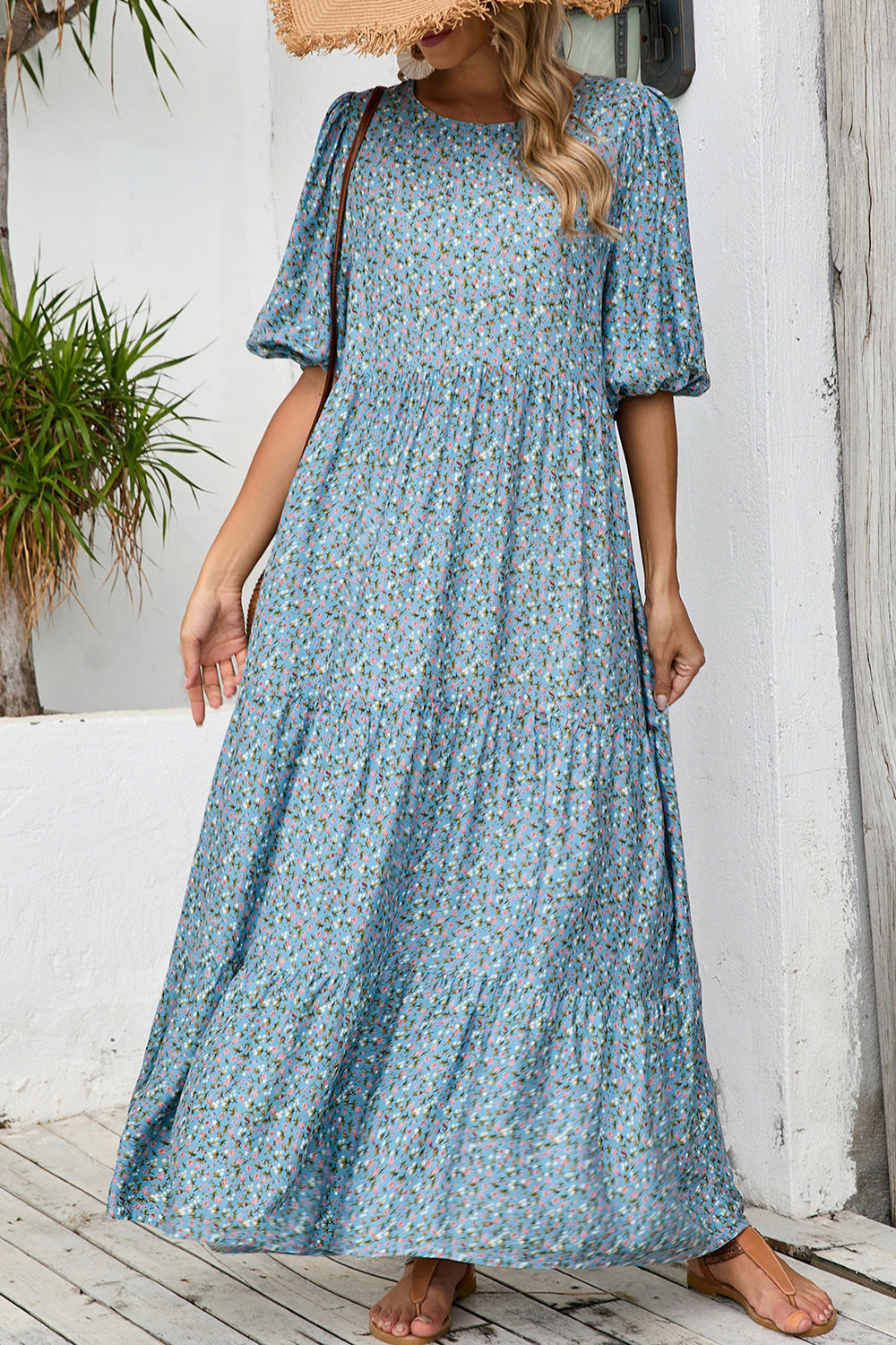 Grey Blue Floral A Line Long Summer Dress with Half Sleeves