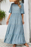 Grey Blue Floral A Line Long Summer Dress with Half Sleeves