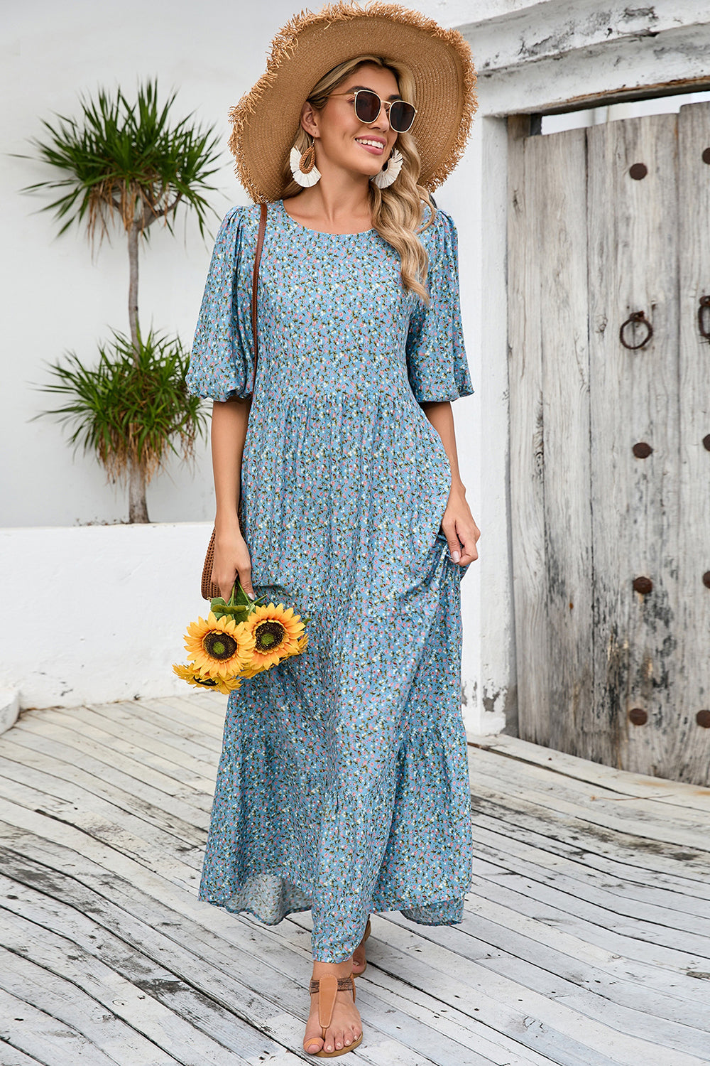 Grey Blue Floral A Line Long Summer Dress with Half Sleeves