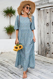 Grey Blue Floral A Line Long Summer Dress with Half Sleeves
