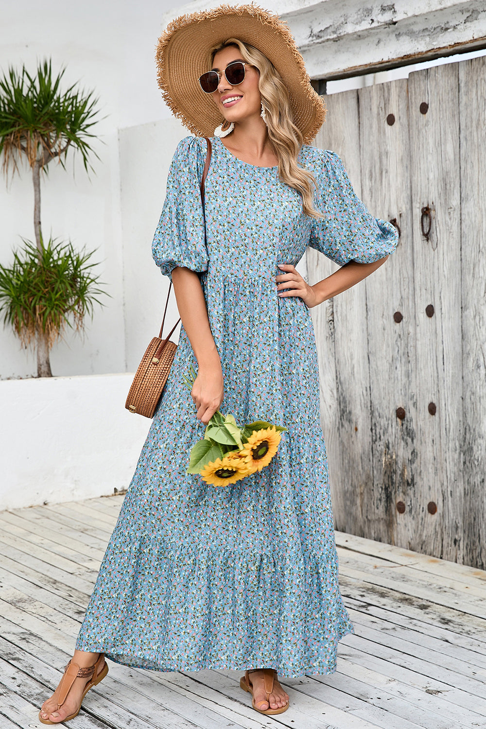 Grey Blue Floral A Line Long Summer Dress with Half Sleeves