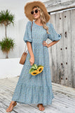 Grey Blue Floral A Line Long Summer Dress with Half Sleeves