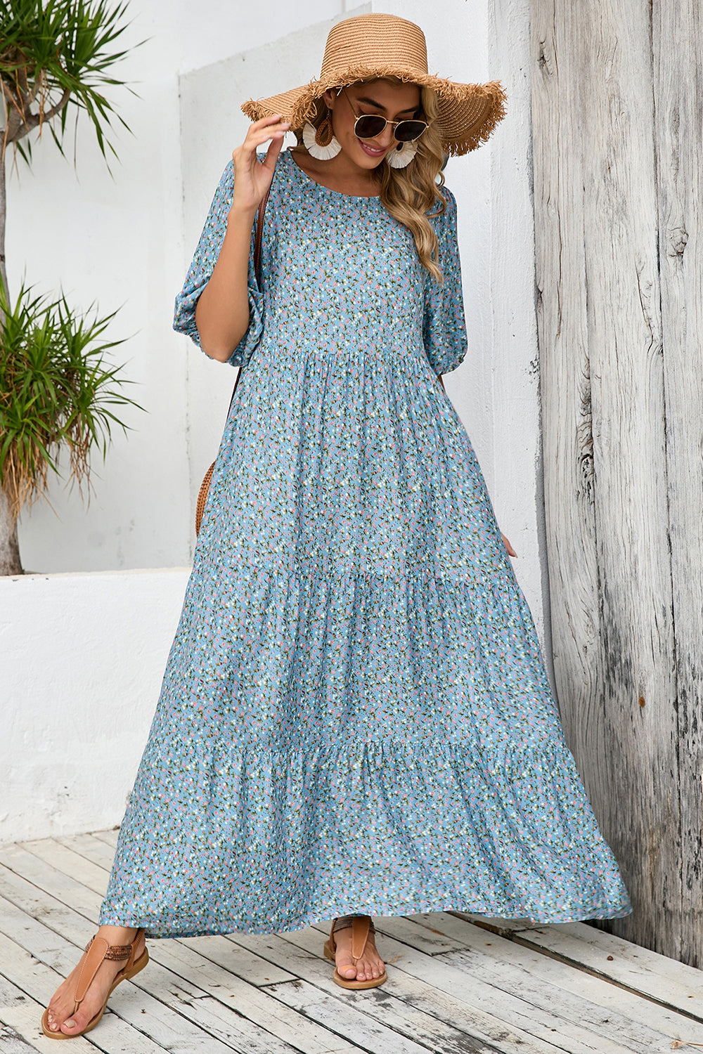 Grey Blue Floral A Line Long Summer Dress with Half Sleeves