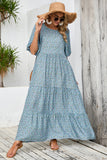 Grey Blue Floral A Line Long Summer Dress with Half Sleeves