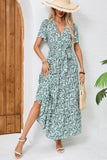 Green Printed Short Sleeves A Line Long Summer Dress with Sash