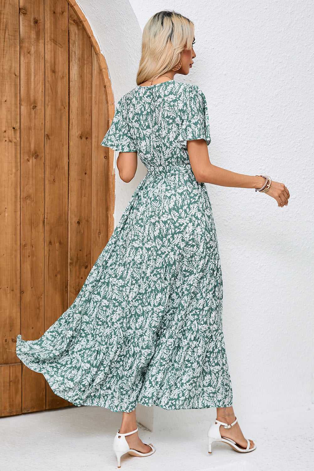 Green Printed Short Sleeves A Line Long Summer Dress with Sash