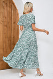 Green Printed Short Sleeves A Line Long Summer Dress with Sash