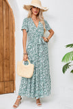 Green Printed Short Sleeves A Line Long Summer Dress with Sash