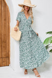 Green Printed Short Sleeves A Line Long Summer Dress with Sash