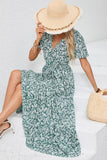 Green Printed Short Sleeves A Line Long Summer Dress with Sash