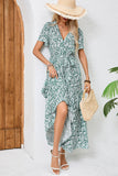 Green Printed Short Sleeves A Line Long Summer Dress with Sash