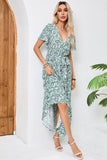 Green Printed Short Sleeves A Line Long Summer Dress with Sash
