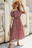 Burgundy Floral Off The Shoulder A Line Long Summer Dress
