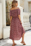 Burgundy Floral Off The Shoulder A Line Long Summer Dress