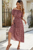 Burgundy Floral Off The Shoulder A Line Long Summer Dress