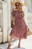 Burgundy Floral Off The Shoulder A Line Long Summer Dress