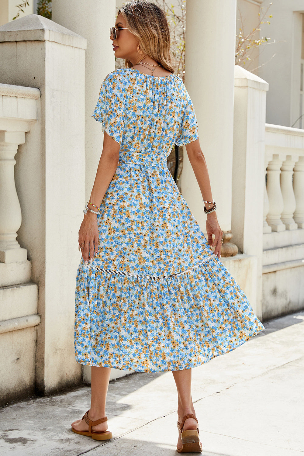 Blue Floral Round Neck A Line Long Summer Dress with Short Sleeves