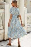 Blue Floral Round Neck A Line Long Summer Dress with Short Sleeves