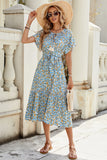 Blue Floral Round Neck A Line Long Summer Dress with Short Sleeves