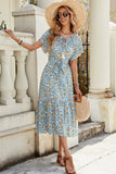 Blue Floral Round Neck A Line Long Summer Dress with Short Sleeves